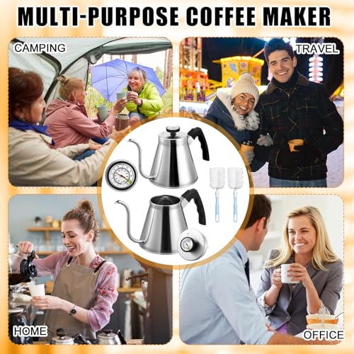 2 Pack 40 oz Gooseneck Kettle with Thermometer Stainless Steel Pour over Coffee Kettle Precision Drip Spout for Stovetop Home Kitchen Camping(Silver) - color: Sliver