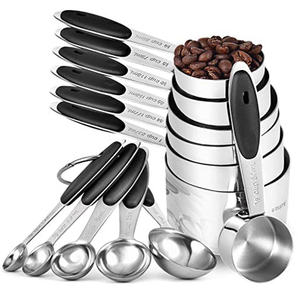 Measuring Cups and Spoons Set: U-Taste 18/8 Stainless Steel 12 Pieces Metal Stacking Kitchen Baking Cooking Food Measure Set 7 Cups 5 Spoons with Strengthened Weld Joints (Black, Upgraded Version) - color: Black