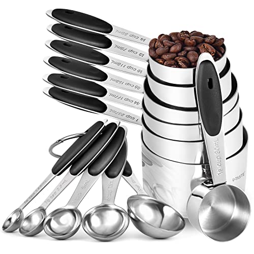 Measuring Cups and Spoons Set: U-Taste 18/8 Stainless Steel 12 Pieces Metal Stacking Kitchen Baking Cooking Food Measure Set 7 Cups 5 Spoons with Strengthened Weld Joints (Black, Upgraded Version) - color: Black