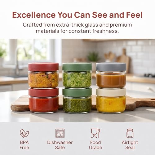 EONJOE 2 oz Glass Dressing Containers With Lids, Sauce Jars for Lunch, 6pk | Airtight ,BPA Free,Perfect for salad dressing sauce dip condiment to go lunch box Accessories , Dishwansher safe - size: 2oz