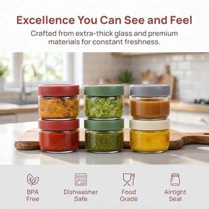 EONJOE 2 oz Glass Dressing Containers With Lids, Sauce Jars for Lunch, 6pk | Airtight ,BPA Free,Perfect for salad dressing sauce dip condiment to go lunch box Accessories , Dishwansher safe - size: 2oz