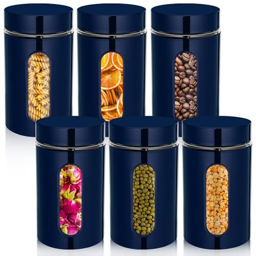 Mimorou 6 Pack Kitchen Canisters Set Airtight Coffee Sugar Tea Storage Jars with Window Glass Stainless Steel Containers with Lids for Flour Cookies Spices Grains Kitchen Decorations (Navy Blue,32 oz) - color: Navy Blue, size: 32 oz