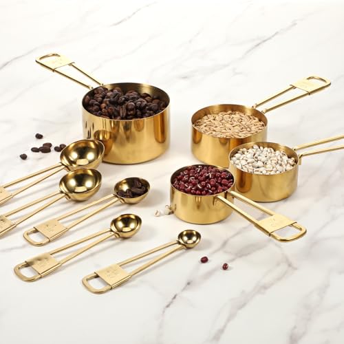 9 PCS GOLD Stainless Steel Measuring Cups and Spoons Set, Gold Nesting Design Teaspoon Stackable Cups and Spoons Heavy Duty Measuring Cup Set for Dry and Liquid Ingredients and Baking, Cooking(Golden) - color: Gold