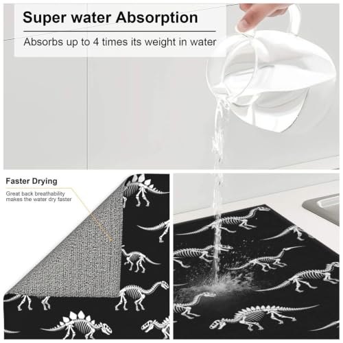 Black Dinosaur Skeletons Dish Drying Mats for Kitchen Counter, Super Absorbent Microfiber Drainer Pad, Washable Reversible Appliance Protector, Everyday Kitchen Must-Have, 16x18 Inch - color: Black Dinosaur Skeletons
