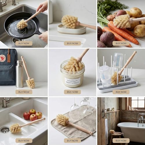 2-Piece Kitchen Brush Set - Includes 1 Plastic Handle Ponytail Cup Brush & 1 Wooden Handle Coconut Scrubber - Cleaning Kit for Bottles & Pots - size: 2 Piece Set - Cup Brush + Scrubber