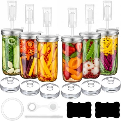 Honeydak 6 Pack Fermentation Kit, 24 oz Fermentation Jars with Fermenting Weights and Airlocks, Stainless Steel Lids, Pickle Jar for Sauerkraut, Vegetables and Other Fermented Foods - size: 24 oz