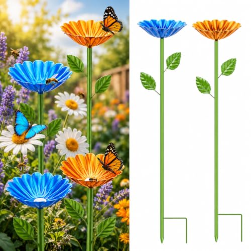 Bee Watering Station for Garden, Metal Bee Bath & Butterfly Feeders, Outdoor Insect Drinking Waterer Stakes, Colorful Flower Watering Station Garden Decor Gift for Gardeners (2, Style A) - color: 2PCS