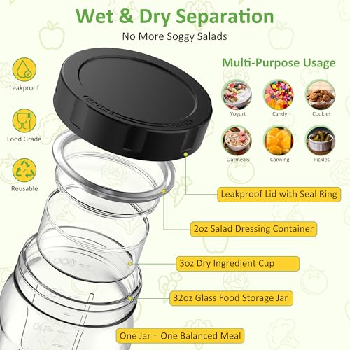 4Pack Glass Salad Jars with Lids, 32oz Salads Mason Jars with Wet/Dry Separation Cup, Meal Prep Salad Containers for Lunch, Leakproof Wide Mouth Food Storage Containers, BPA-Free Reusable (Black) - color: Black