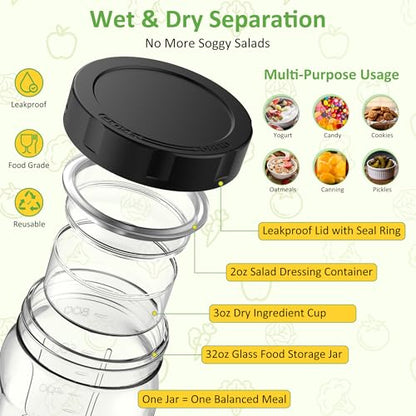 4Pack Glass Salad Jars with Lids, 32oz Salads Mason Jars with Wet/Dry Separation Cup, Meal Prep Salad Containers for Lunch, Leakproof Wide Mouth Food Storage Containers, BPA-Free Reusable (Black) - color: Black
