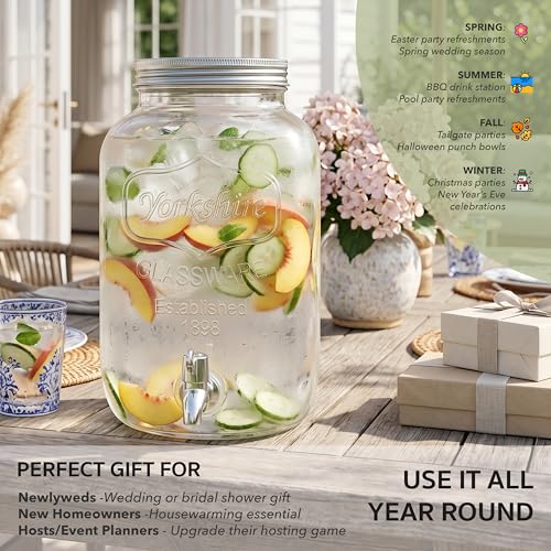 Circleware Sun Tea Mini Mason Jar Glass Beverage Dispenser with Metal Lid, Glassware For Water, Juice, Beer, Wine, Liquor, Kombucha Iced Punch & Best Cold Drinks, Classic Yorkshire 1 Gallon