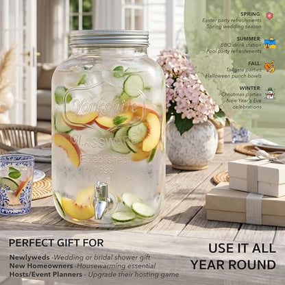 Circleware Sun Tea Mini Mason Jar Glass Beverage Dispenser with Metal Lid, Glassware For Water, Juice, Beer, Wine, Liquor, Kombucha Iced Punch & Best Cold Drinks, Classic Yorkshire 1 Gallon