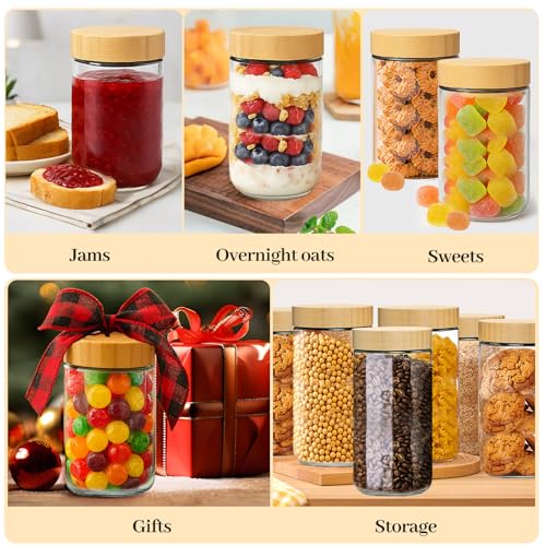 TBWIND 4 Pack 24oz Glass Jars with Bamboo Lids, Spoons, Airtight Overnight Oats Containers, Wide Mouth Mason Jars, Food Storage Container for Yogurt Salad Snacks Spice Sugar Meal Prep – Reusable - color: 24oz-Natural Lids-4 Spoon