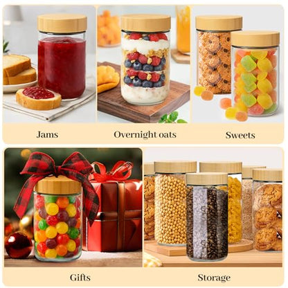 TBWIND 4 Pack 24oz Glass Jars with Bamboo Lids, Spoons, Airtight Overnight Oats Containers, Wide Mouth Mason Jars, Food Storage Container for Yogurt Salad Snacks Spice Sugar Meal Prep – Reusable - color: 24oz-Natural Lids-4 Spoon