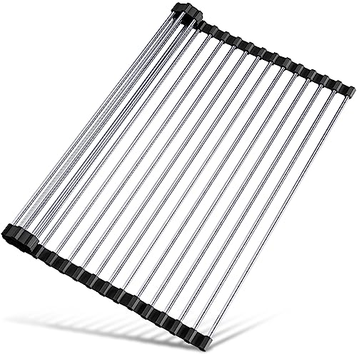 Tomorotec 21" x 15.5" Roll Up Dish Drying Rack Over Sink Drying Rack Sink Cover Kitchen Sink Accessories Gadget Multipurpose Organizer Foldable Stainless Steel Drainer - color: Black, size: 21 x 15.5 in