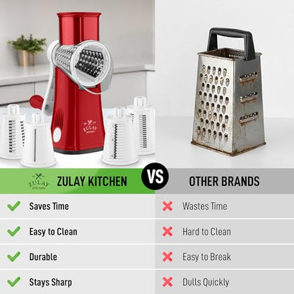 Zulay Kitchen Rotary Cheese Grater 5 Blade Cheese Shredder - Manual Hand Crank Cheese Grater With Reinforced Suction & 5 Interchangeable Drums - Easy to Use, Vegetable Chopper Round Mandoline Slicer - color: White and Red