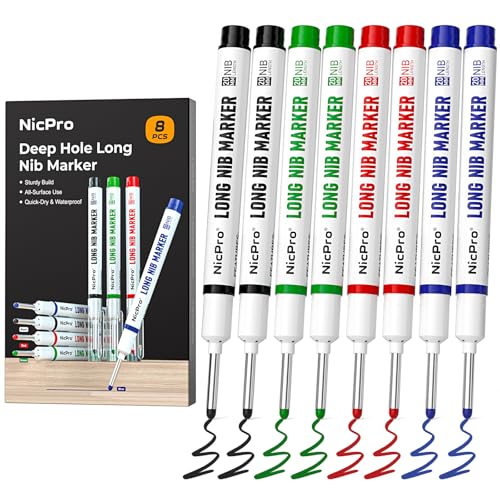 Nicpro 8 PCS Long Nib Marker Pens, 20mm Deep Hole Marker, Quick Dry & Waterproof Construction Markers, Long Head Markers for Metal, Steel, Tile, Glass, Carpenter Marking Pen for Woodworking (4 Colors)