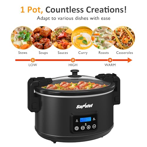 Sunvivi 8.5 Quart Programmable Slow Cooker: Multi-Cooker Food Warmer with Locking Lid & Digital Timer, Adjustable Tempature Control, Dishwasher Safe, Perfect for Families and Gatherings, Black - color: Black