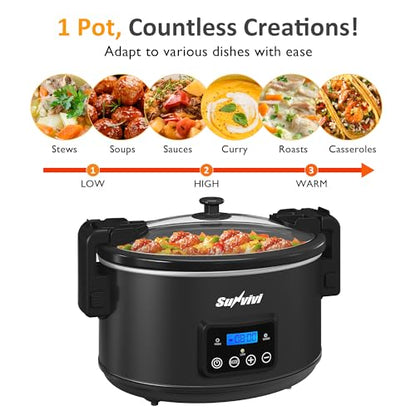 Sunvivi 8.5 Quart Programmable Slow Cooker: Multi-Cooker Food Warmer with Locking Lid & Digital Timer, Adjustable Tempature Control, Dishwasher Safe, Perfect for Families and Gatherings, Black - color: Black