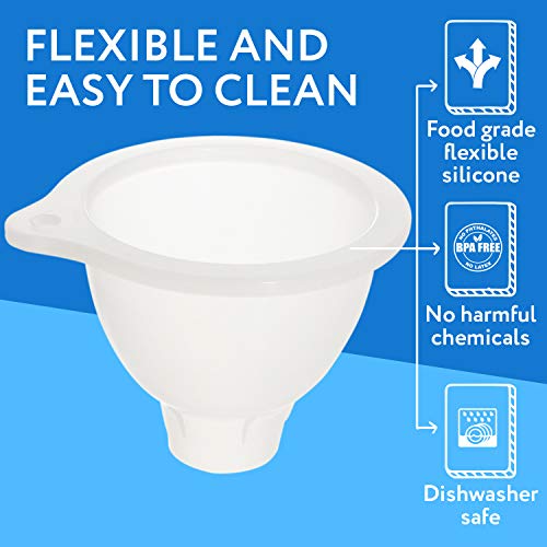 Impresa Silicone Wide Mouth Funnel - Squeeze Bottle Funnel for Thick Liquids - Flexible BPA-Free Silicone Design - Dishwasher Safe Multipurpose Tool - Clear White, 3.25" Opening, 1.25" Stem