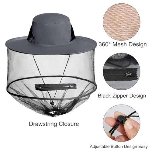 Sucrain Mosquito Head Net Hat Sun Hat Garden Bug Hat with Hidden Net Mesh for Outdoor Gardening Beekeeping - color: Hot Gray