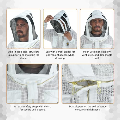 3-Layer Ventilated Mesh Bee Jacket for Men & Women with Two Veil Sting-Proof Beekeeping Jacket with Leather Gloves & Bag