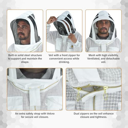 3-Layer Ventilated Mesh Bee Jacket for Men & Women with Two Veil Sting-Proof Beekeeping Jacket with Leather Gloves & Bag