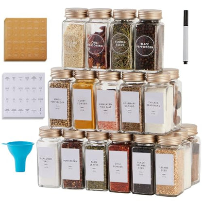 36 Pcs Spice Jars with Label- Glass Spice Jars with Gold Metal Caps,Shaker Lids, Funnel, Chalk Pen,Skiileor 4oz Seasoning Containers Bottles for Spice Rack, Cabinet, Drawer