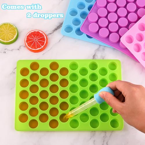Sakolla Round Candy Molds Silicone, 220 Cavities Mini Cylinder Molds for Chocolate, Hard Candy, Gummy, Ganache, Ice Cubes, Set of 4 with 2 Droppers - color: Mini Round/4 Colors