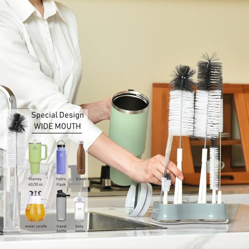 ALINK 8 Pack Bottle Brush Cleaning Set with Stand, Long Handle Bottle Cleaner with Holder for Narrow Neck Beer Wine Brewing Bottles, Stanley, Baby Bottles, Tumblers, Drinking Glasses, Straws - color: White