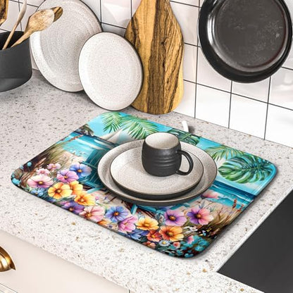Spring Summer Sea Chair Dish Drying Mat for Kitchen Counter,Coastal Beach Palm Leaf Flowers Drying Mat 16 x 18 Inch with Absorbent Reversible Microfiber Drying Pad for Coffee Bar - size: 16" x 18"