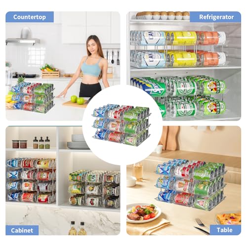Jsyrjing Can Organizer for Pantry, 3-Tier Stackable Can Dispenser Rack | Automatic rolling, Modular flexible combination, Extra-thick clear material, Cabinet pantry fridge countertop storage - size: 3*3