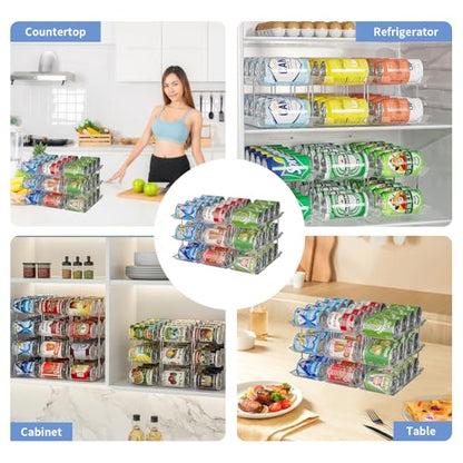 Jsyrjing Can Organizer for Pantry, 3-Tier Stackable Can Dispenser Rack | Automatic rolling, Modular flexible combination, Extra-thick clear material, Cabinet pantry fridge countertop storage - size: 3*3