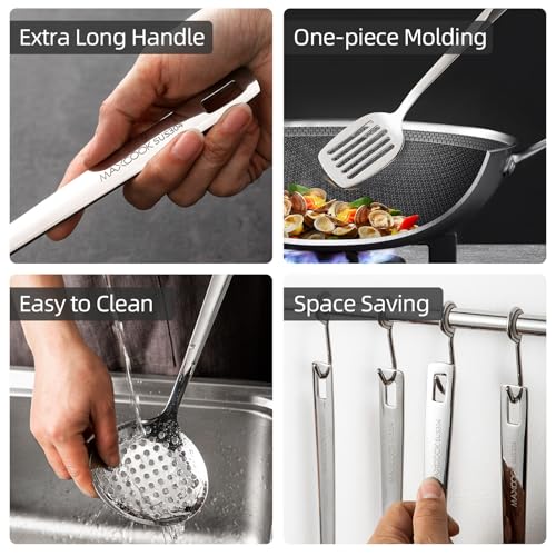 18/8 Stainless Steel Cooking Utensil set, 8 Pieces Metal Kitchen Utensils set, Slotted Spoon,Meat Fork,Ladle,Skimmer Spoon,Spatula,Spaghetti Server,Large Spoon,Masher (Dishwasher Safe, Silver) - size: 18/8 Stainless Steel Utensil Set of 8