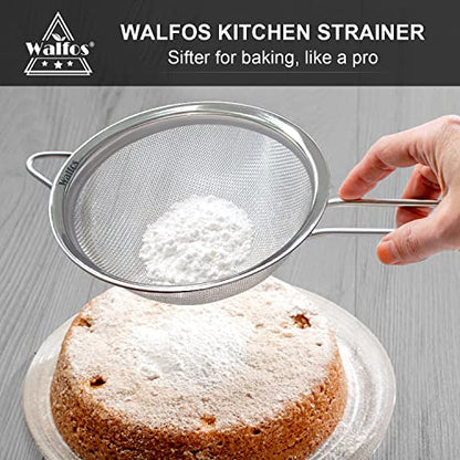 Walfos 6.3 Inch Fine Mesh Strainer, Premium Stainless Steel Sieve and Sifter with Handle, Kitchen Metal Strainers for Rice, Quinoa, Fruits, Noodles, Flour - size: 6.3"
