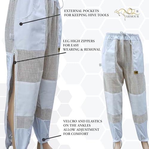 3 Layer Ventilated Beekeeping Pants for Men & Women – Sting-Proof Bee Pants with Leg High Zippers, Pockets, and Comfortable Mesh Protection - size: Medium