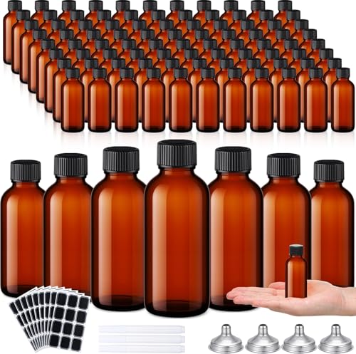 Hsei 100 Pcs Amber Glass Boston Round Bottles with Black Cap Brown Sample Bottle Small Glass Containers with Lids and Funnel Chalk Labels Pen for Vanilla Extract Essential Oils(0.5 oz) - size: 0.5 oz