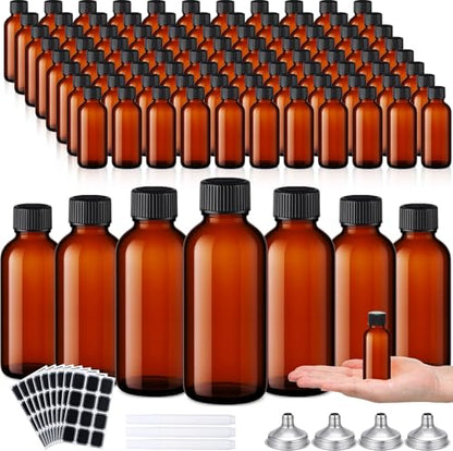 Hsei 100 Pcs Amber Glass Boston Round Bottles with Black Cap Brown Sample Bottle Small Glass Containers with Lids and Funnel Chalk Labels Pen for Vanilla Extract Essential Oils(0.5 oz) - size: 0.5 oz