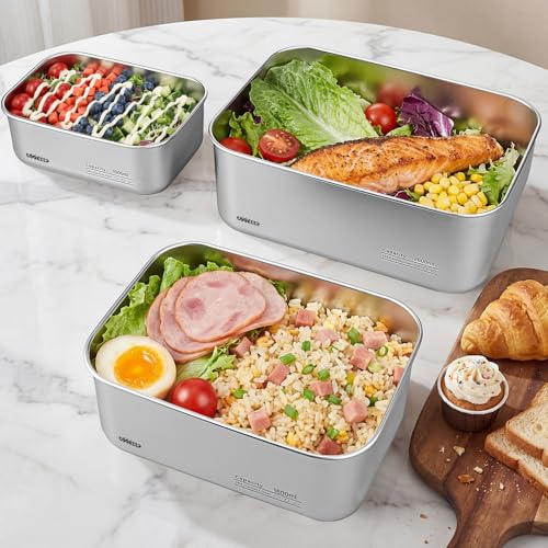 3Pcs Stainless Steel Food Containers,Stainless Steel Containers with Lids,Snack Containers,Lunch Box,Easy Clean,Airtight&Leakproof for Kitchen Storage,Dishwasher Safe,BPA-Free（34oz+54oz+88oz） - size: Mixed Box Set(34oz+54oz+88oz)