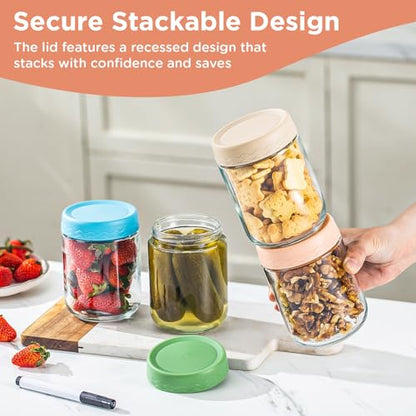 DRKIO 16 Oz Overnight Oats Containers with Lids - 6 Pack Glass Storage Jars with Airtight Lids Wide Mouth Mason Food Jars Great for Meal Prep Salad Chia Pudding Snacks Yogurt Sugar Spice Cereal - color: 16 Oz - 6 Colors