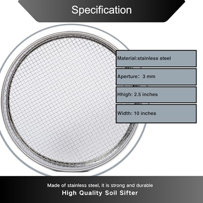 Garden Soil Sifter -10" Sifting Pan-Sieve for Sand Rocks Dirt Compost (1/8”Mesh Screen) - size: 1/8”Mesh screen