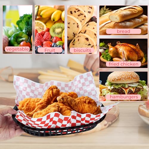60 Sheets Red Checkered Deli Liners and 6 Black Fast Food Baskets, Classic Deli Baskets with Red Checkered Dry Waxed Deli Paper(12'') (6+60)