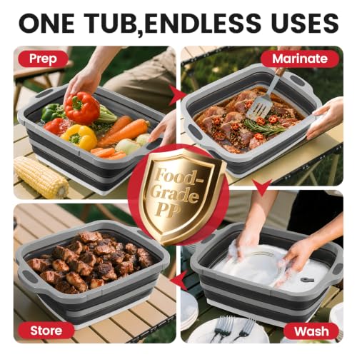 BBQ Prep Tub 3-IN-1 Large 8L Collapsible Cutting Board with Locking Lid for Meal Prep Marinating Food, Camping Sink with Colander, Dish Basin, Storage Blanket for Camping Picnic BBQ, Black - color: Black 8L
