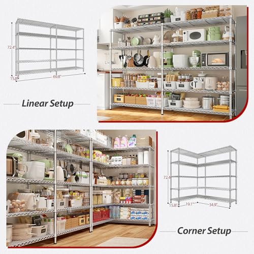 REIBII 69.8" W Storage Shelves 1510LBS Wire Shelving Unit 5 Tier Metal Shelving for Storage Rack Shelves Adjustable Heavy Duty Garage Shelf Pantry Shelves Kitchen Shelving,69.8"Wx15.8"Dx72.4"H,Chrome - style: Chrome-15.8"Dx69.8"Wx72.4"H-5 Tier