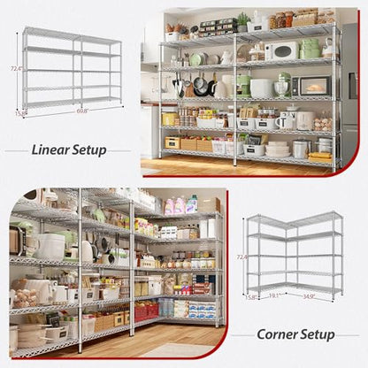 REIBII 69.8" W Storage Shelves 1510LBS Wire Shelving Unit 5 Tier Metal Shelving for Storage Rack Shelves Adjustable Heavy Duty Garage Shelf Pantry Shelves Kitchen Shelving,69.8"Wx15.8"Dx72.4"H,Chrome - style: Chrome-15.8"Dx69.8"Wx72.4"H-5 Tier