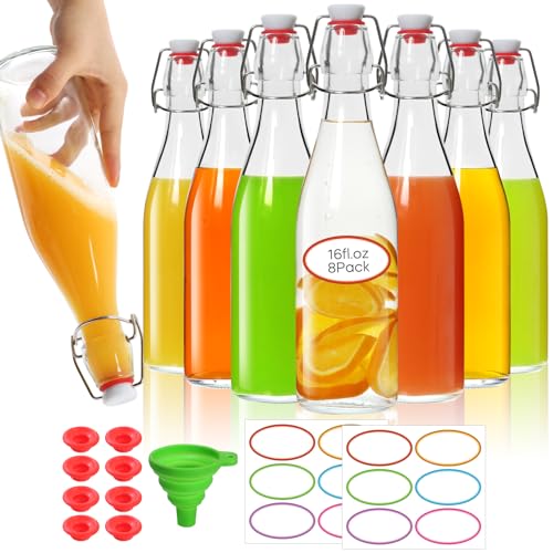 AuroTrends Swing Top Glass Bottles 16 oz 8Pack, Kombucha Bottles-Flip Top Glass Bottles with Lids, Vanilla Extract Bottles (16fl.oz/ 8Pack) | Leakproof & Reusable, for Kombucha, Vanilla Extract, Juice, Oil, Vinegar, Brewing, Fridge/Freezer Safe - size: 16