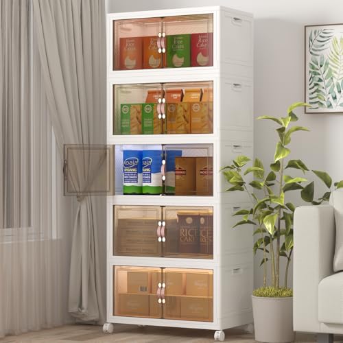 UAMFURI Stackable Storage Bins with Lids, 600QT Closet Organizers and Storage Cabinet with Doors & Wheels, Lockable Plastic Foldable Drawers for Bedroom Dorm Office Garage（120QT*5,White） - color: White, size: 25.6"L