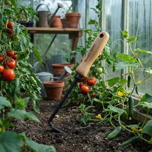 L-Shape Hook Weeder, Stainless Steel Garden Hand Tool with Wooden Handle, Manual Weed Removal Sickle for Gardening