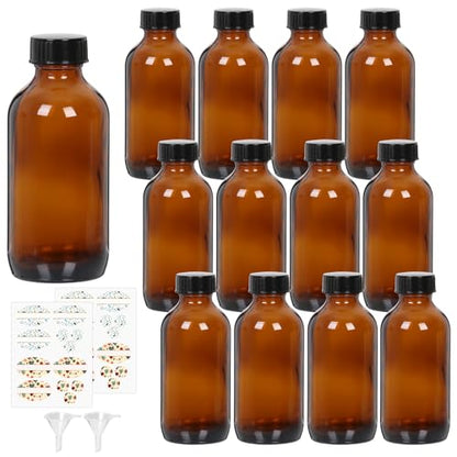 STARSIDE 12-Pack 8oz Amber Glass Bottles with Leakproof Lids | 240ml Round Boston Bottles for Essential Oils, Hot Sauce, Juice, Liquids; Includes 2 Funnels & 12 Labels - size: M