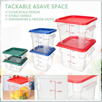 Lallisa 6 Pcs Food Storage Containers with Lids, Clear Square Food Containers with Handles Polycarbonate Restaurant Container Commercial Cereal Storage Set for Kitchen, 2, 4 and 6 Qt(Blue, Red, Green) - color: Blue, Red, Green