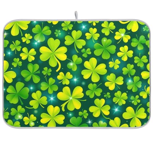 St. Patrick's Day Dish Drying Mat 18x24 inch Irish Green Shamrocks Hat Spring Plaid Drying Pad Dish Drainer Mat Protector for Kitchen Countertops Counter - color: Clover, size: 18x24in